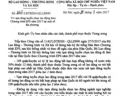 Tạm dừng tuyển chọn lao động sang Hàn Quốc tại 58 quận/huyện