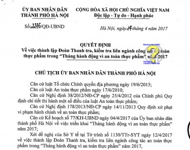 Hà Nội lập 6 đoàn thanh tra trong tháng hành động vì an toàn thực phẩm 2017