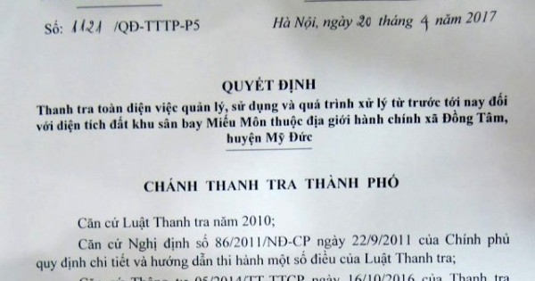 Thanh tra toàn diện khu đất sân bay Miếu Môn thuộc xã Đồng Tâm trong 45 ngày