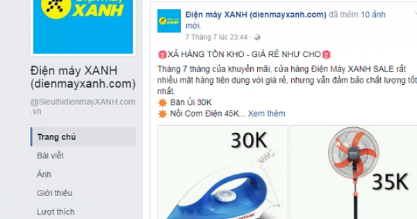 Giả mạo fanpage Điện máy Xanh để bán hàng giá rẻ