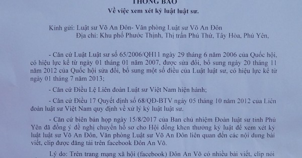 Xem xét kỷ luật luật sư Võ An Đôn vì bài viết trên Facebook