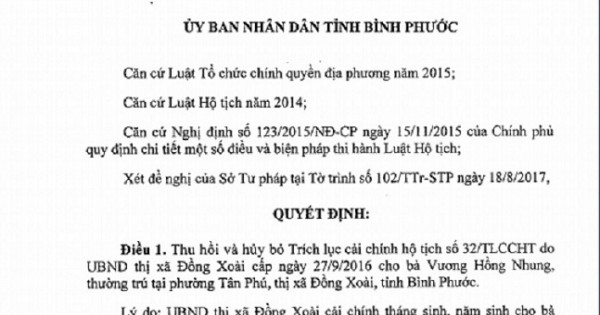 Vụ “Một bước lên quan" ở Bình Phước: Thu hồi, hủy bỏ trích lục cải chính tuổi cho con gái nguyên Chủ tịch