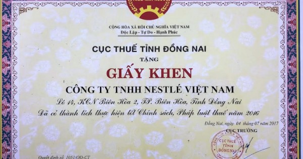 Nestlé Việt Nam lần thứ 5 liên tiếp nhận bằng khen của Cục Thuế Đồng Nai 