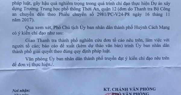 Phó chủ tịch UBND TP Hồ Chí Minh chỉ đạo Thanh tra làm rõ đơn công dân tố cáo Chủ tịch quận 12