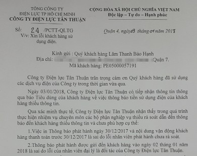 Vụ “Thông báo tiền điện nhưng không báo số tiền… vẫn đòi cắt điện”: Điện lực Tân Thuận xin lỗi khách hàng
