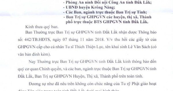 Đăk Lăk: GHPGVN thu hồi Tăng tịch của tu sĩ Lê Văn Sách