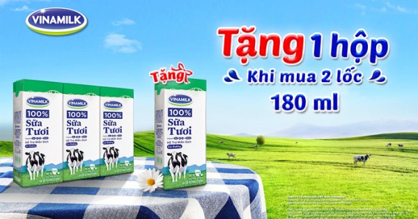 Tặng ngay 1 hộp khi mua 2 lốc sữa tươi Vinamilk 100% 180ml