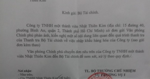 Công ty Nhật Thiên Kim “đóng cửa” oan: Văn phòng Chính phủ đề nghị Bộ Tài chính giải quyết