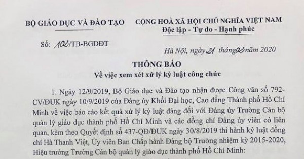 Kỷ luật ông Hà Thanh Việt, Hiệu trưởng Trường Cán bộ QLGD TP Hồ Chí Minh vì nhiều sai phạm