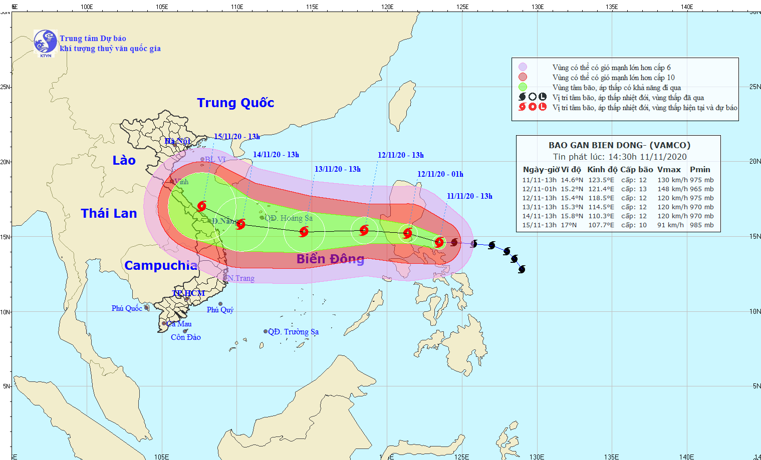 Ngày 12/11, bão Vamco giật cấp 15 vào Biển Đông