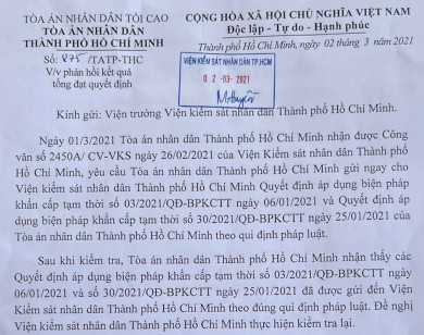 Yêu cầu VKS TP Hồ Chí Minh kiểm tra lại đã nhận các quyết định ADBPKCTT vụ Thuduc House hay chưa?