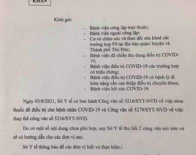 Sở Y tế TP Hồ Chí Minh thu hồi cả 2 văn bản giới thiệu mua thuốc điều trị Covid-19