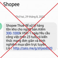 Cảnh báo tin nhắn giả mạo Shopee tuyển dụng nhân viên với mức lương cao