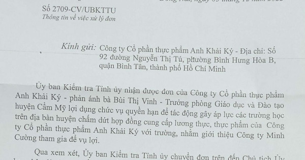 UBKT Tỉnh ủy Đồng Nai yêu cầu giải quyết vụ Trưởng phòng GD&ĐT huyện Cẩm Mỹ bị tố "chèn ép” doanh nghiệp