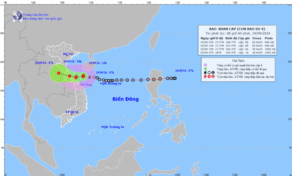 Bão số 4 giật cấp 11, cách Quảng Trị khoảng 120km, nhiều địa phương mưa lớn