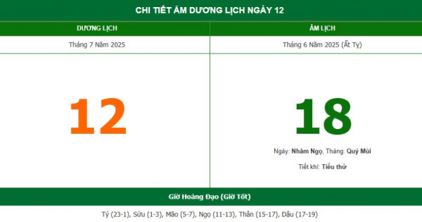 Lịch âm 12/7 chính xác nhất, lịch vạn niên ngày 12/7/2025: Việc nên và không nên làm?