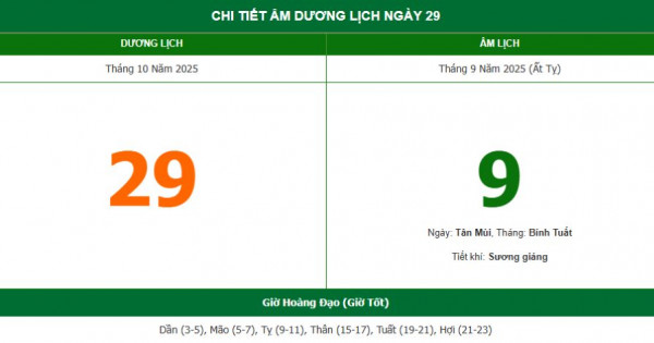 Lịch âm 29/10 chính xác nhất, lịch vạn niên ngày 29/10/2025: Việc nên và không nên làm?