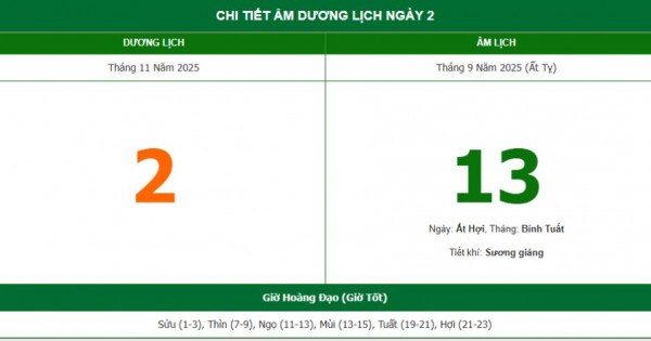 Lịch âm 2/11 chính xác nhất, lịch vạn niên ngày 2/11/2025: Việc nên và không nên làm?