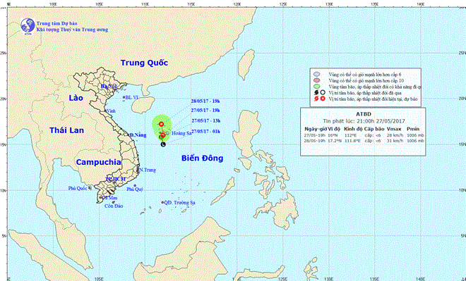 Vị trí áp thấp hình thành và di chuyển trên Biển Đông (Nguồn: nchmf.gov.vn)