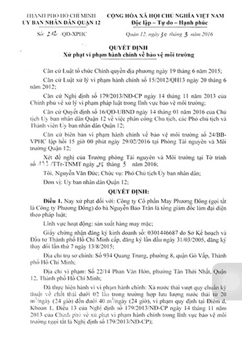 Biên bản xử phạt Công ty Phương Đông của UBND quận 12 vì xả nước thải vượt quá quy chuẩn kỹ thuật về chất thải ra môi trường.