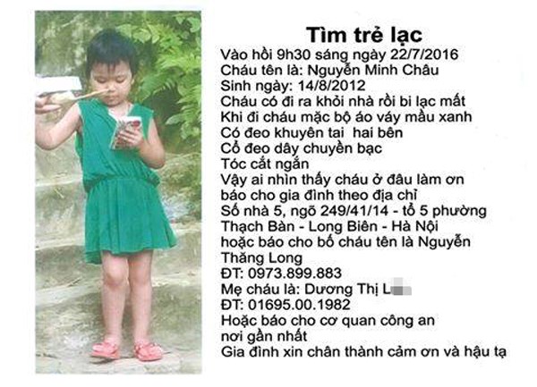 Thông tin về cháu Nguyễn Minh Châu mất tích 2 ngày nay.