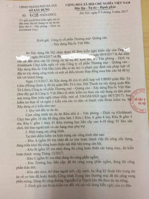 Văn bản Sở xây dựng Hà Nội gửi công ty Việt Hân ngày 26/5