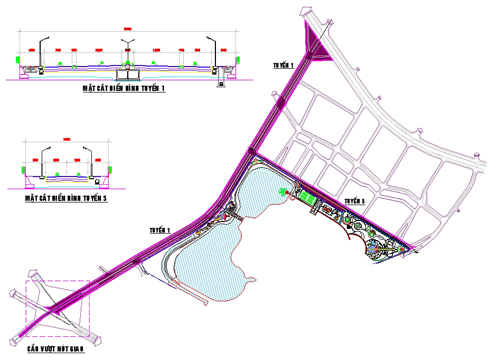 Vị trí các tuyến đường dự án Đường bao quanh khu tưởng niệm Chu Văn An (tuyến 1, tuyến 5 màu tím)