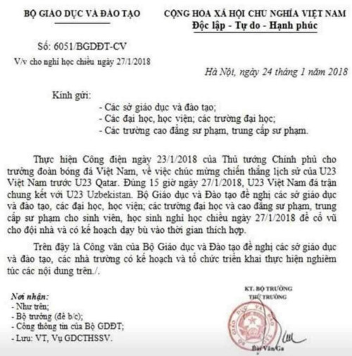 Xuất hiện công văn giả mạo Bộ GD&ĐT cho HS nghỉ học chiều ngày 27/1