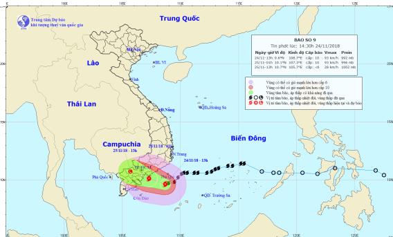 Bão số 9 giật cấp 12 hướng vào Bình Thuận - Bến Tre, công tác ứng phó phải xong trước 16 giờ hôm nay