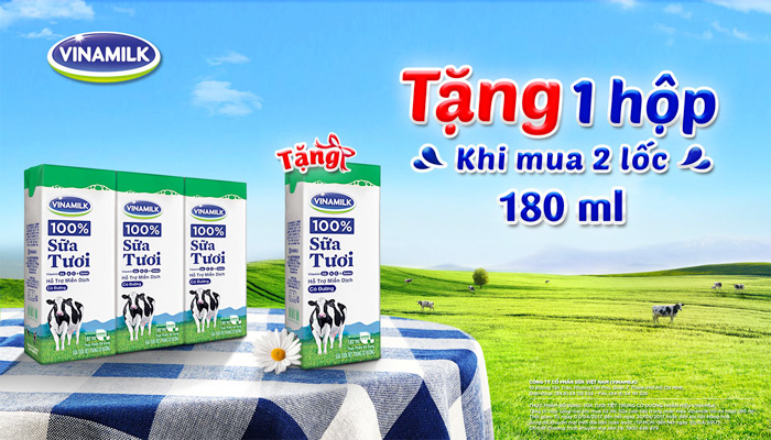 Tặng ngay 1 hộp khi mua 2 lốc sữa tươi Vinamilk 100% 180ml