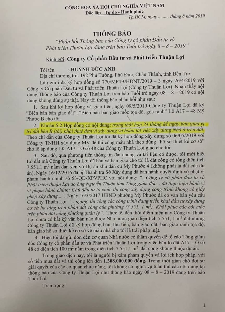 Tiếp vụ Công ty Thuận Lợi bán “đất công”: Chủ đầu tư “lật kèo" đổ lỗi cho khách hàng