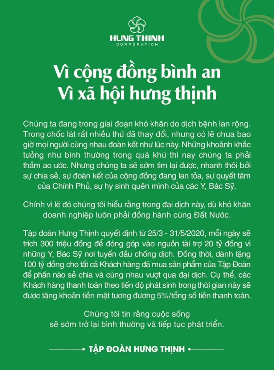 Tập đoàn Hưng Thịnh tài trợ 20 tỷ đồng cho Y, Bác sỹ nơi tuyến đầu chống dịch và dành tặng khách hàng 100 tỷ đồng