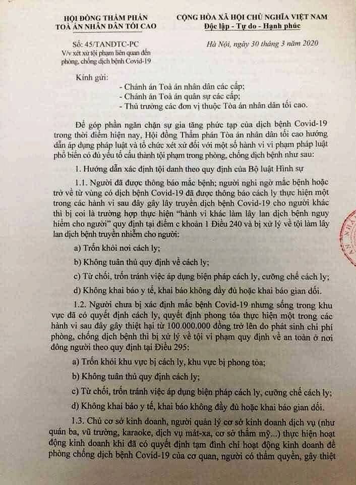 Trốn cách ly, khai báo gian dối dịch Covid-19: Có xử lý hình sự hành vi xảy ra trước khi có công văn 45 của Tòa tối cao?