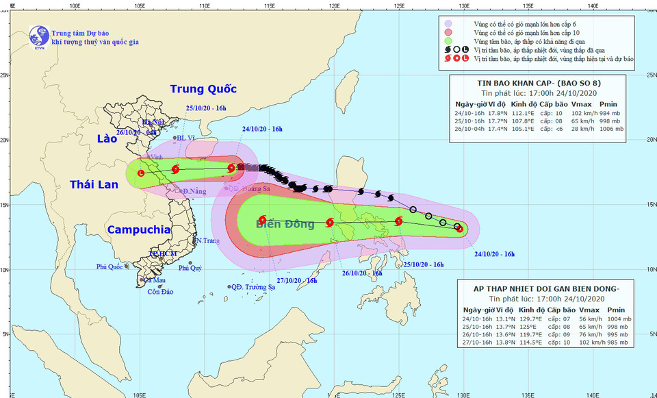 Bão số 8 đang tiến vào các tỉnh Hà Tĩnh - Quảng Trị, xuất hiện áp thấp nhiệt đới mới gần biển Đông