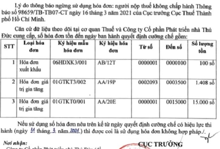 Ngừng sử dụng hóa đơn của Thu Duc House