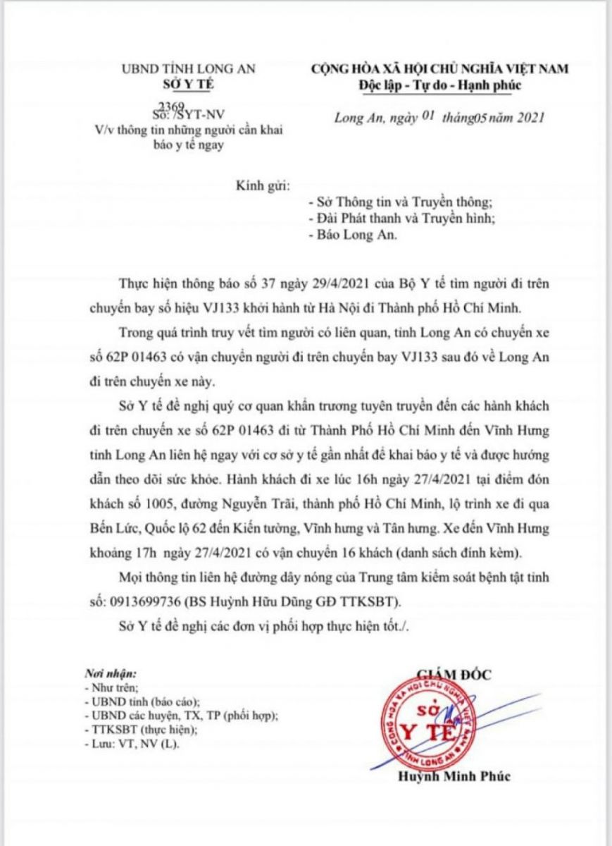 Long An: Khẩn cấp tìm người liên quan đến BN2910