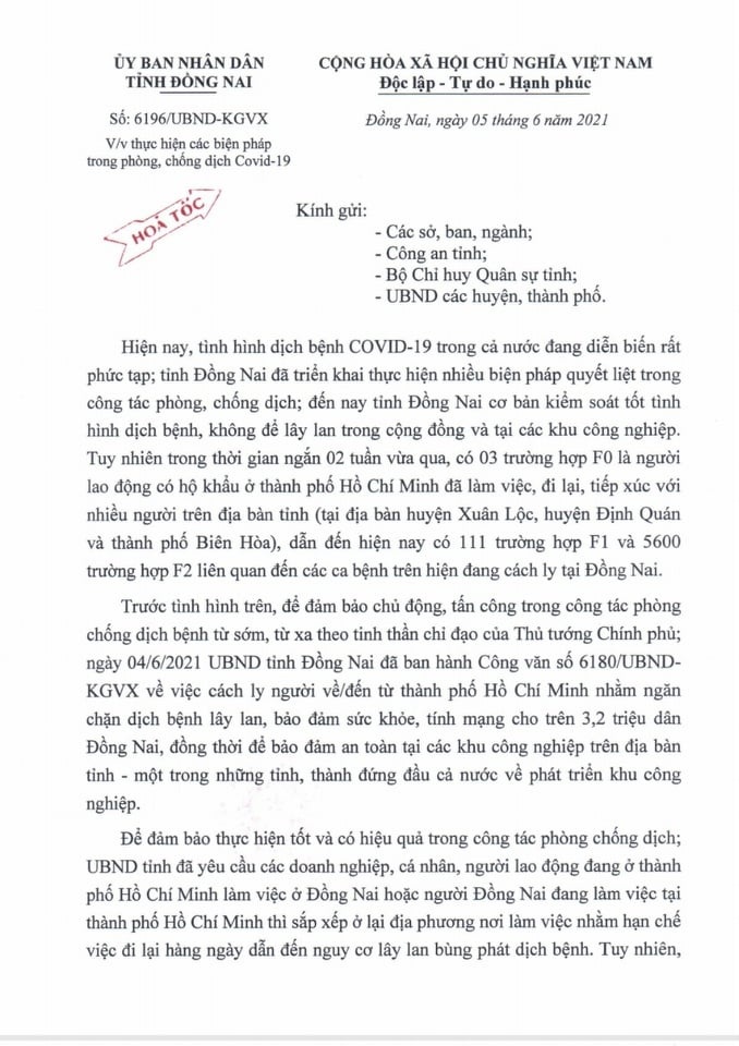 Đồng Nai “hỏa tốc” sửa nội dung vụ cách ly 21 ngày với người về từ TP Hồ Chí Minh