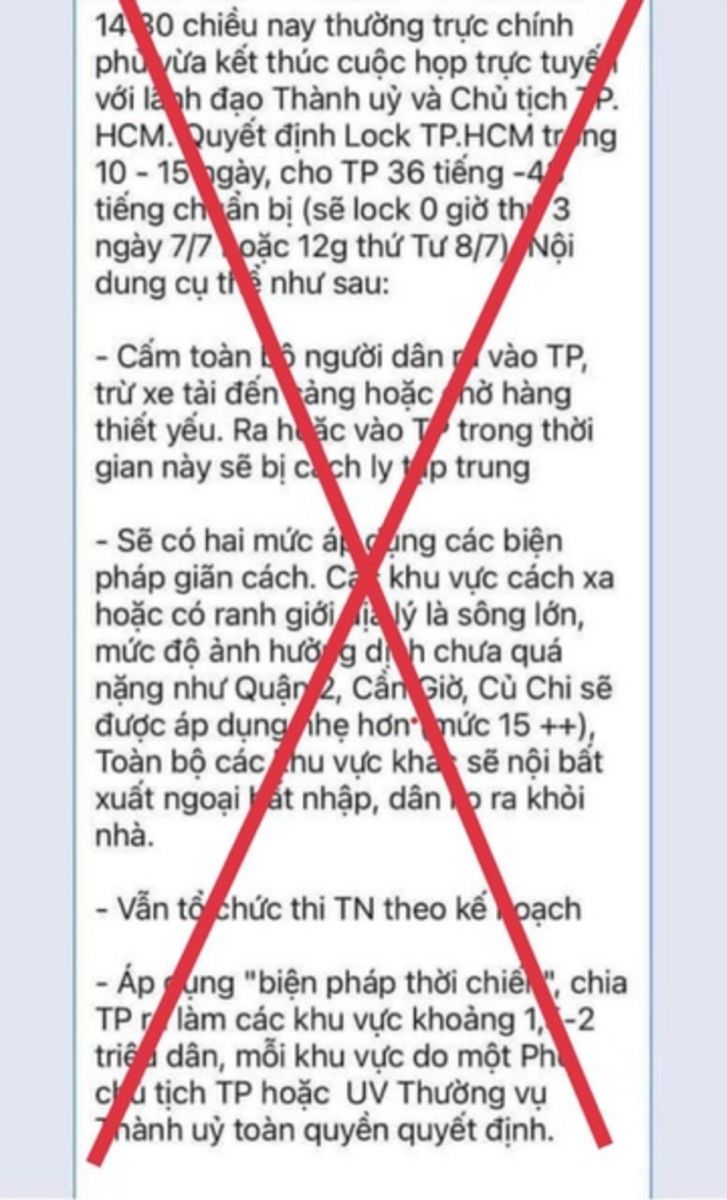 "Phong tỏa TP Hồ Chí Minh trong 10-15 ngày" là tin giả mạo