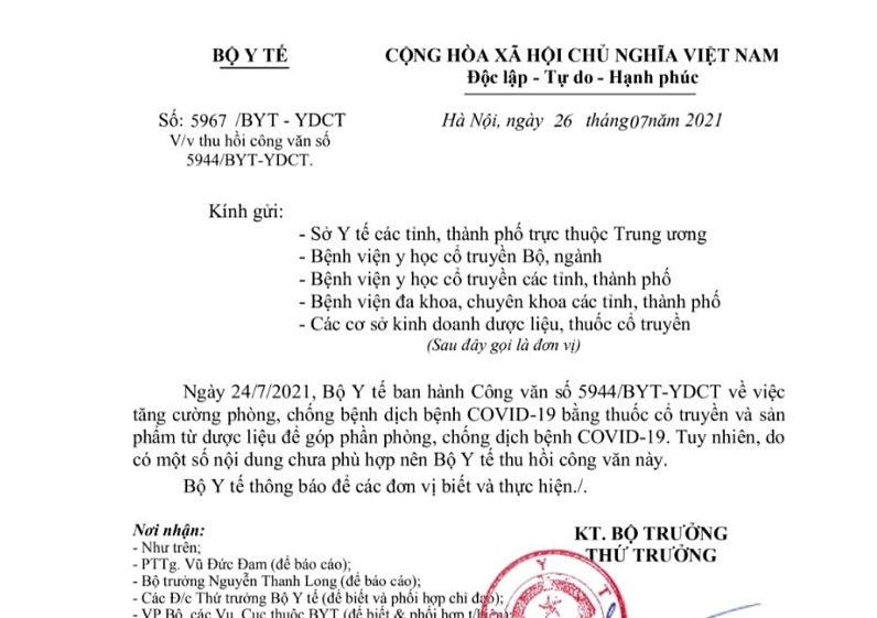 Bộ Y tế thu hồi văn bản có danh mục 12 loại thuốc YHCT hỗ trợ điều trị Covid-19