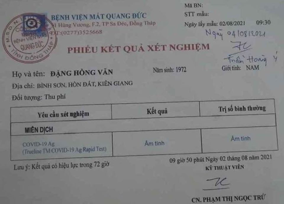 Làm giả phiếu xét nghiệm âm tính SARS-CoV-2 rồi đem bán với giá 30.000 đồng