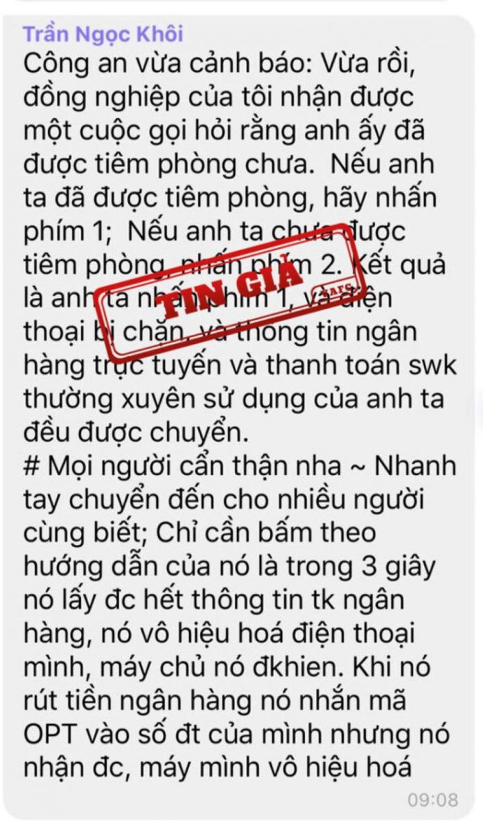 Thông tin về "lừa đảo chiếm đoạt thông tin cá nhân trên mạng'' là tin giả