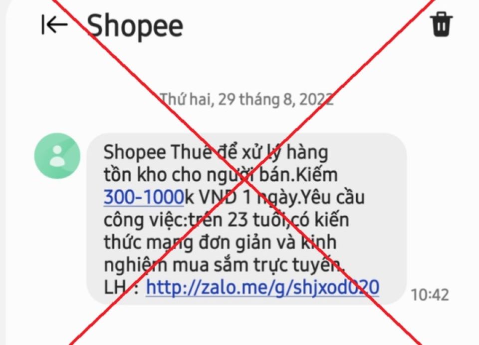 Cảnh báo tin nhắn giả mạo Shopee tuyển dụng nhân viên với mức lương cao