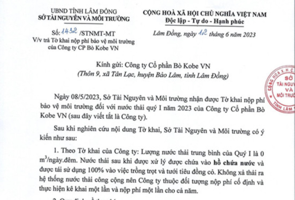 Công ty Bò Kobe VN không thuộc trường hợp được miễn thu phí bảo vệ môi trường đối với nước thải