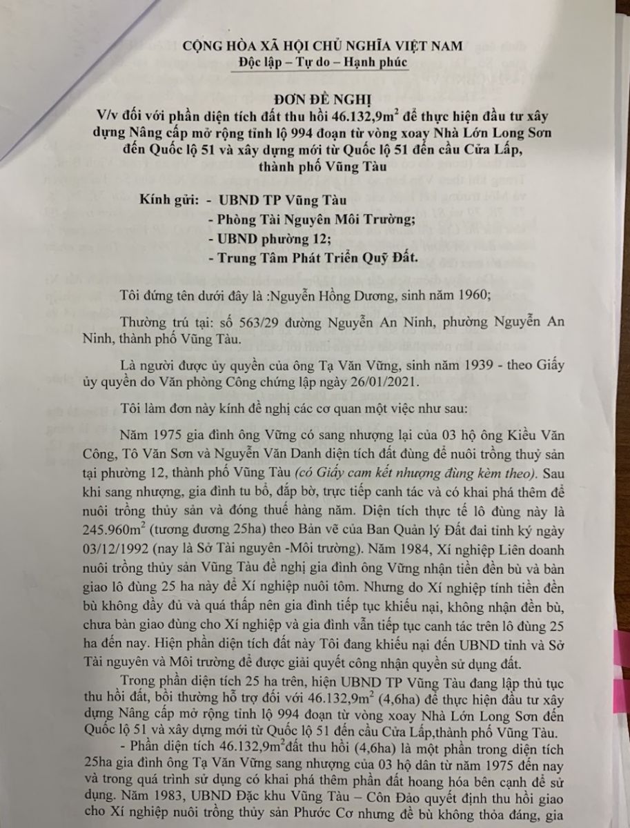 UBND TP Vũng Tàu phản hồi ý kiến người dân về thu hồi, đền bù đất mở rộng và xây mới tỉnh lộ 994