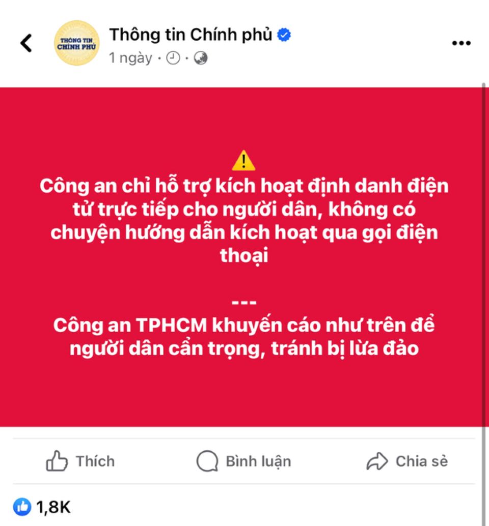 Công an TP Hồ Chí Minh khuyến cáo người dân cảnh giác với cuộc gọi kích hoạt định danh điện tử mức 2