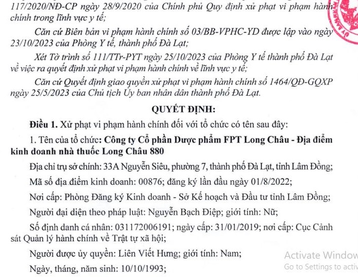 Xử phạt hàng loạt nhà thuốc của Công ty CP Dược phẩm FPT Long Châu