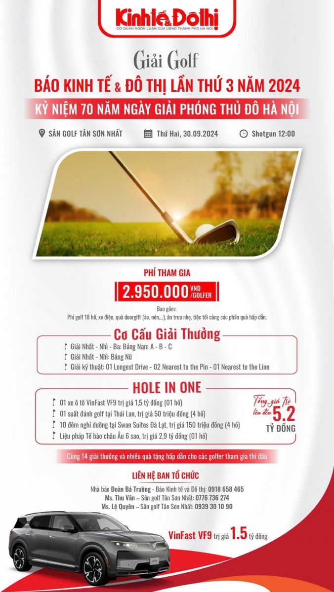 Sắp diễn ra  Giải golf báo Kinh tế và Đô thị lần 3 năm 2024