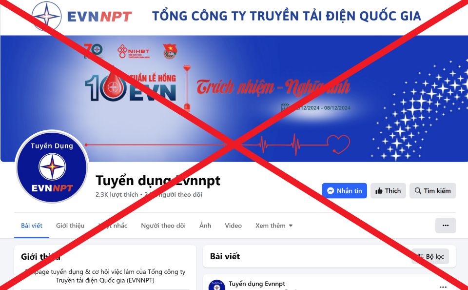 Giả mạo Fanpage của EVNNPT để tuyển dụng nhân sự