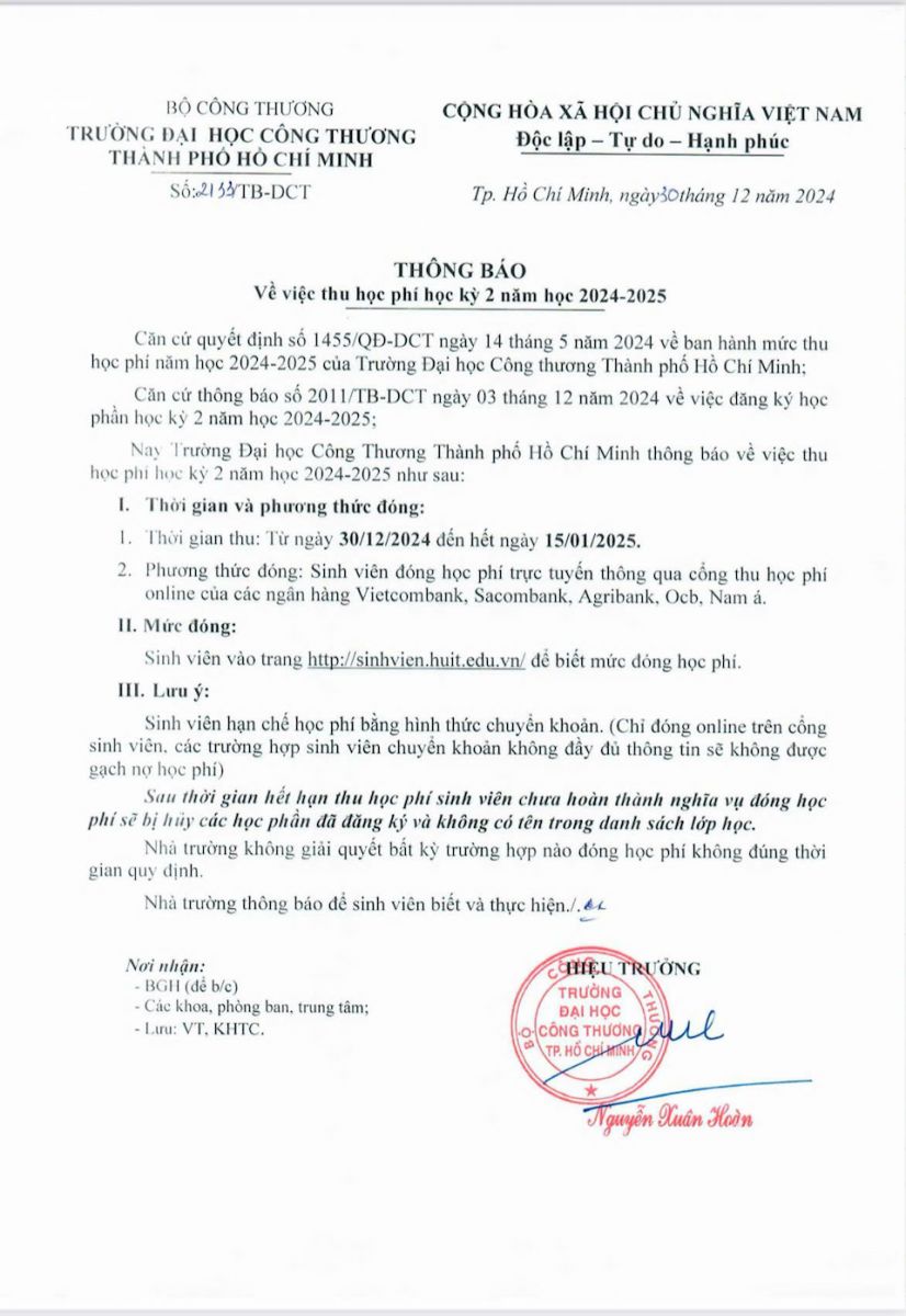 Bị phản ứng vì thu học phí sát Tết, Hiệu trưởng Trường Đại học Công thương TP Hồ Chí Minh nói gì?
