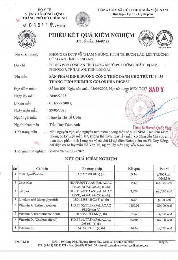 Công bố kết quả kiểm tra an toàn thực phẩm đối với các sản phẩm Fidimilk
